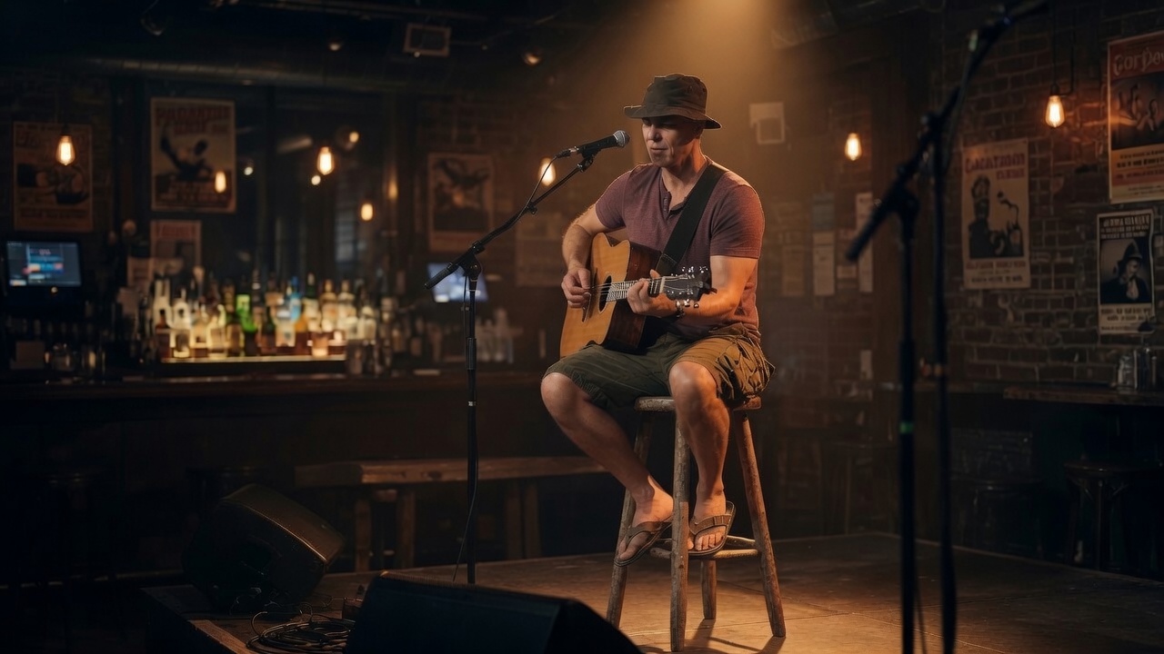 Jim DeWitt seated on a stool playing acoustic guitar at a microphone on a warmly lit bar stage, brick walls covered in posters