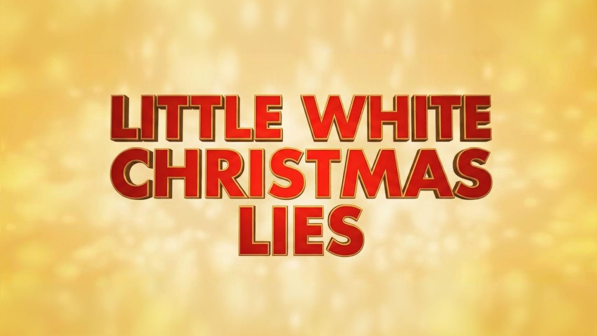 Little White Christmas Lies title card — red letters over warm gold bokeh